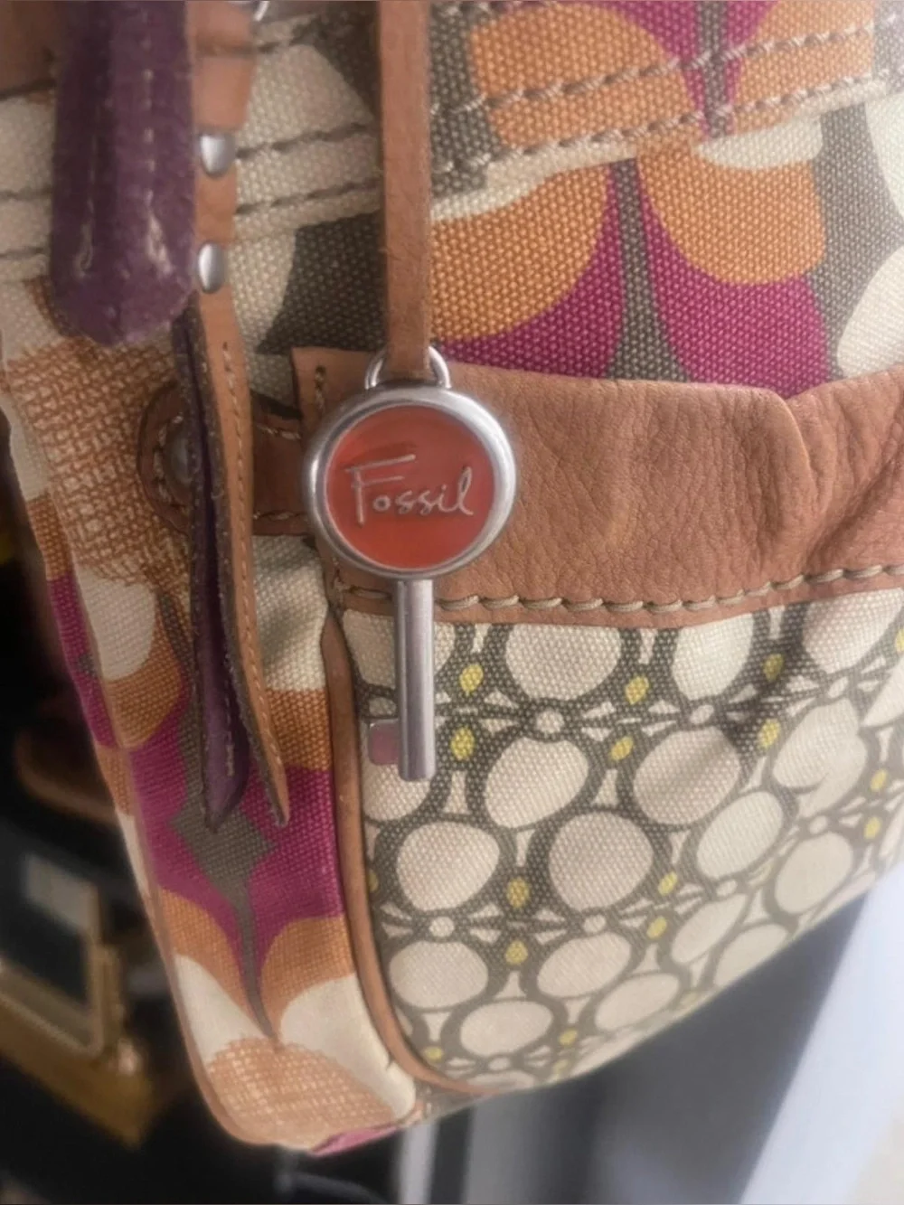 Fossil Multicolor Canvas Crossbody with Tan Strap